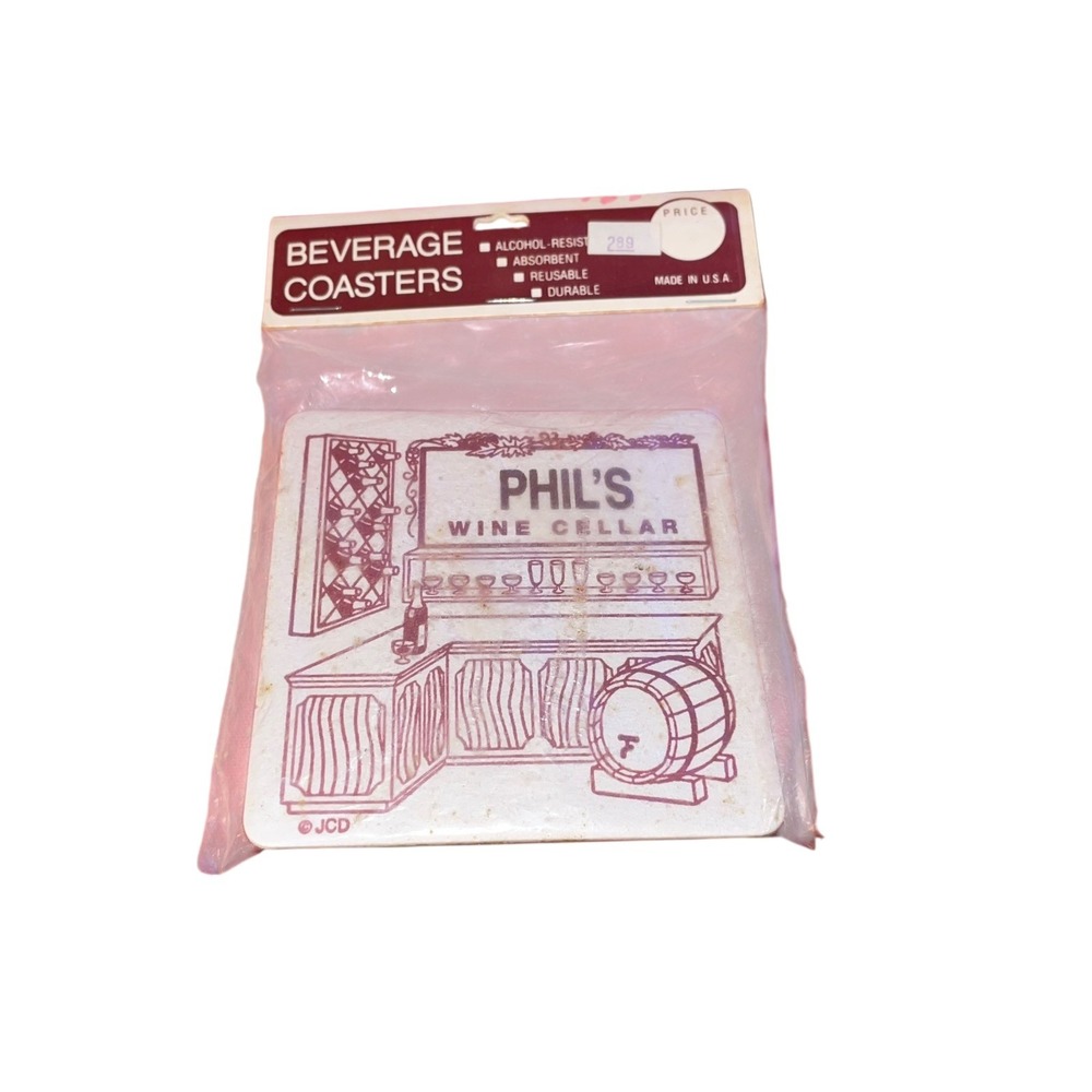 VTG Set of 6 Personalized Beverage Drink‎ Coasters Phil's Wine Cellar 4X4 NEW